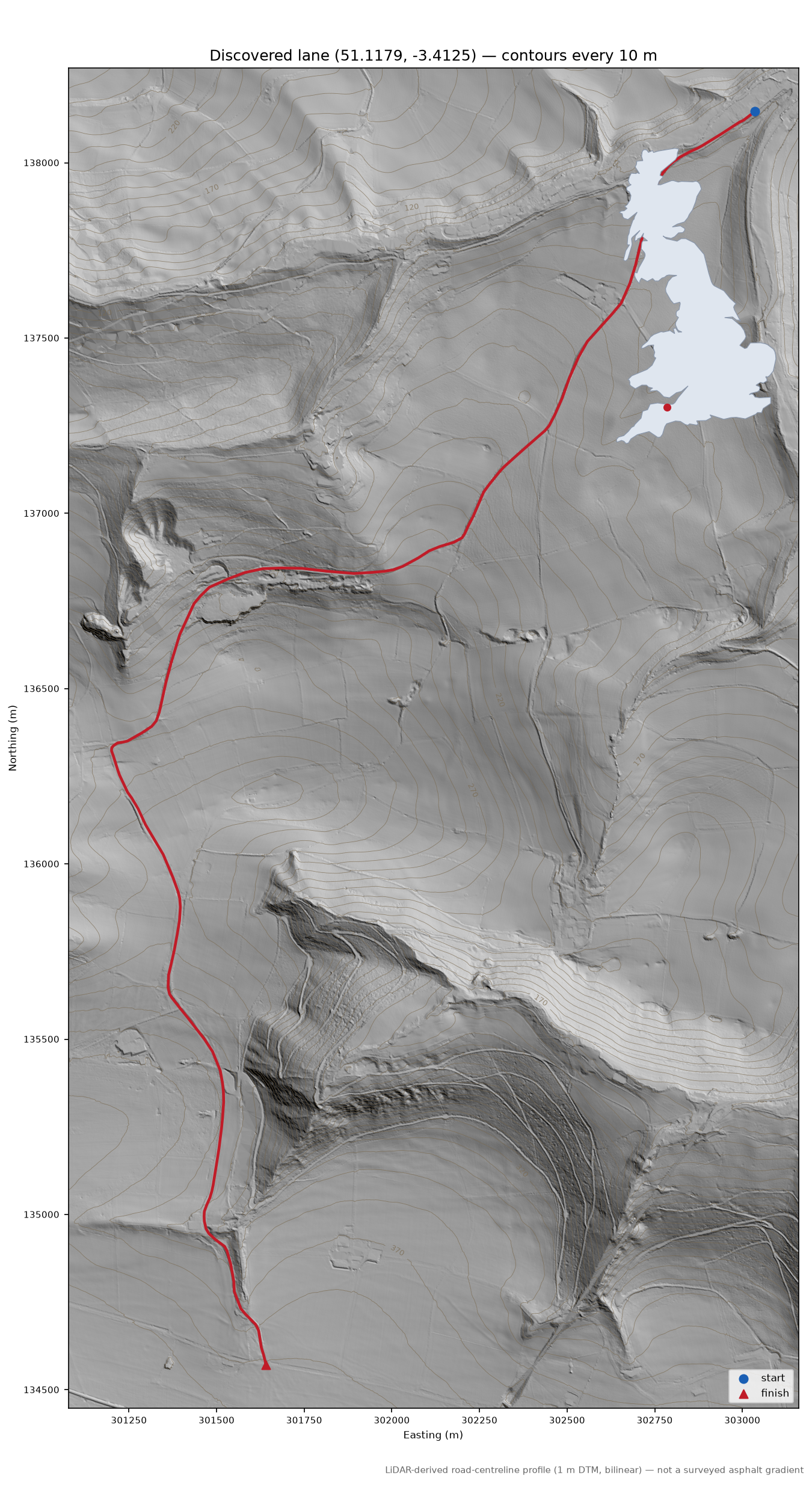 Tacker Street to Brendon Hills LiDAR hillshade map with contours