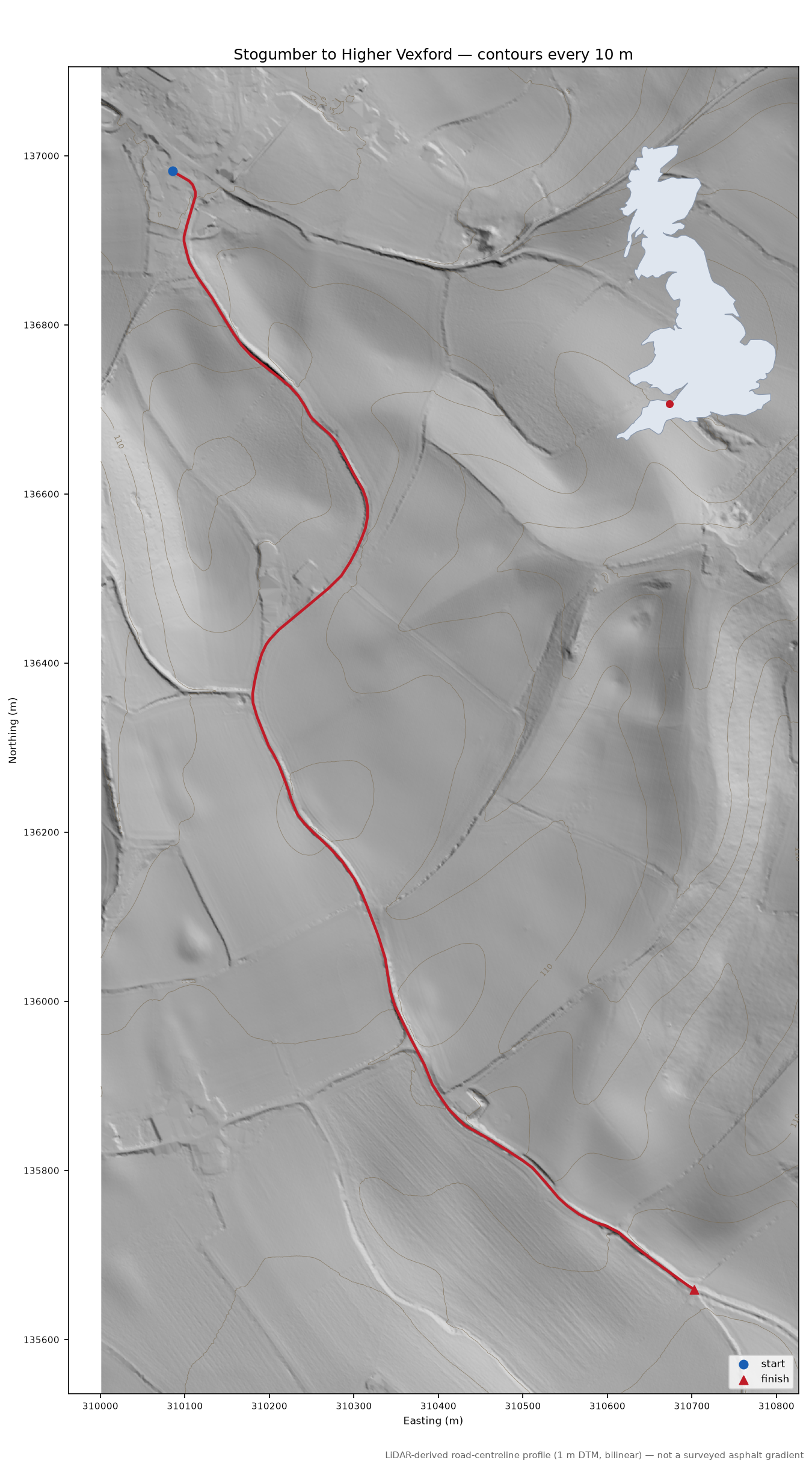 Stogumber to Higher Vexford LiDAR hillshade map with contours