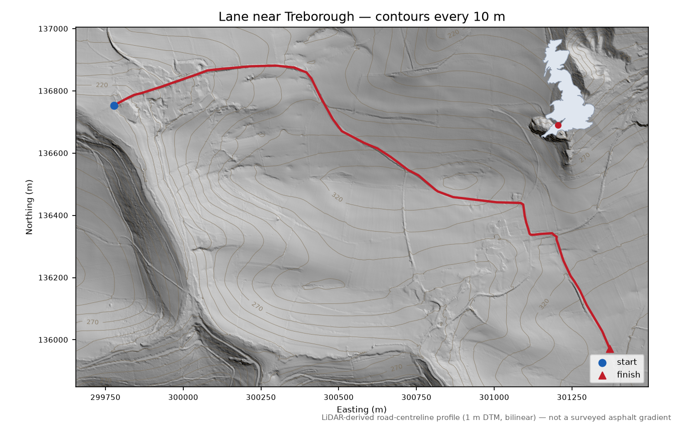Lane near Treborough LiDAR hillshade map with contours