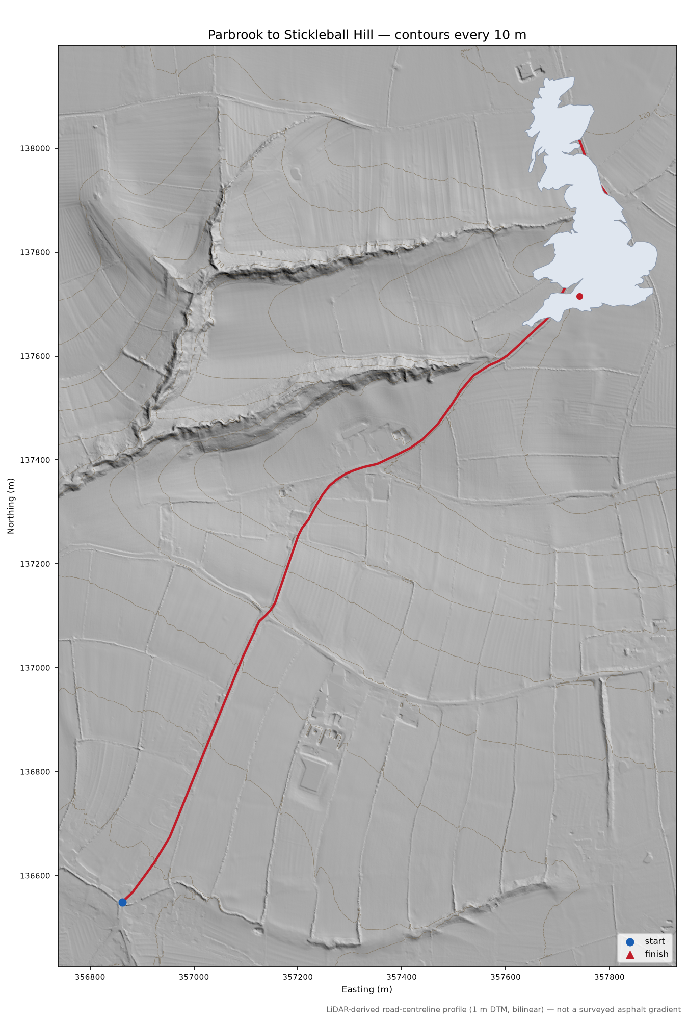 Parbrook to Stickleball Hill LiDAR hillshade map with contours