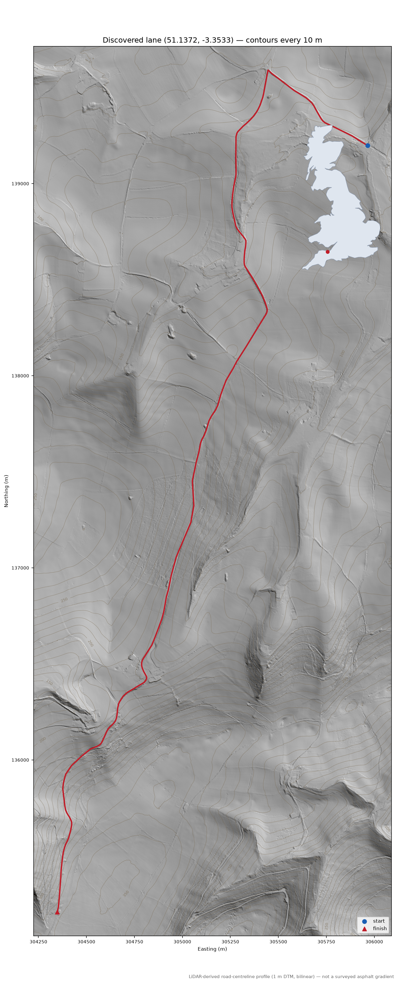 Yarde to Galloping Bottom LiDAR hillshade map with contours