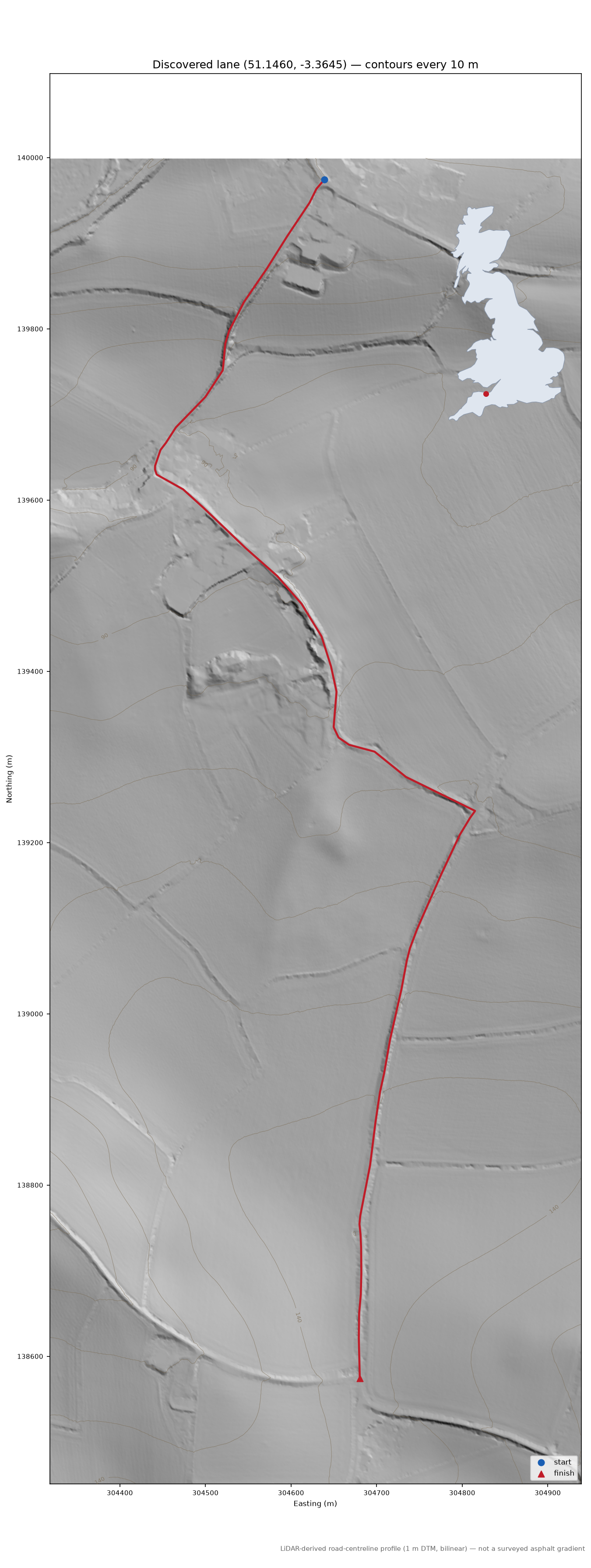 Torre to Beggearn Huish LiDAR hillshade map with contours