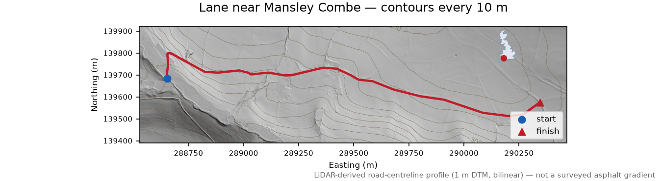 Lane near Mansley Combe LiDAR hillshade map with contours