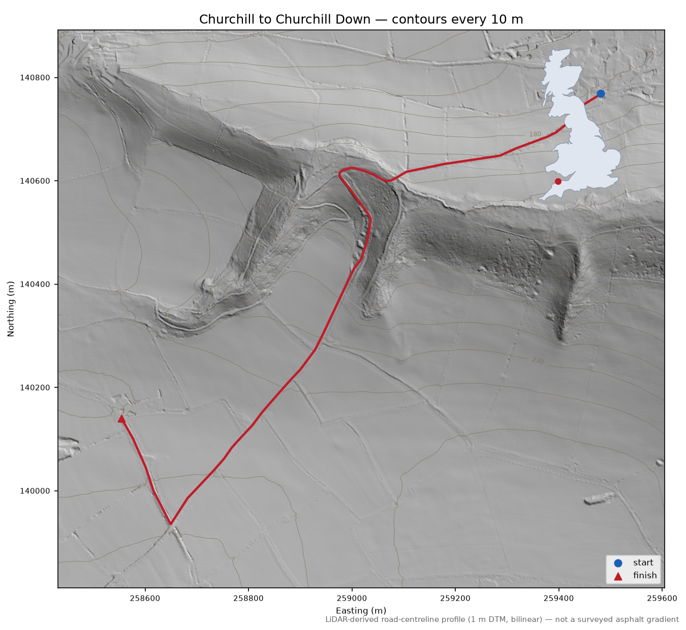 Churchill to Churchill Down LiDAR hillshade map with contours