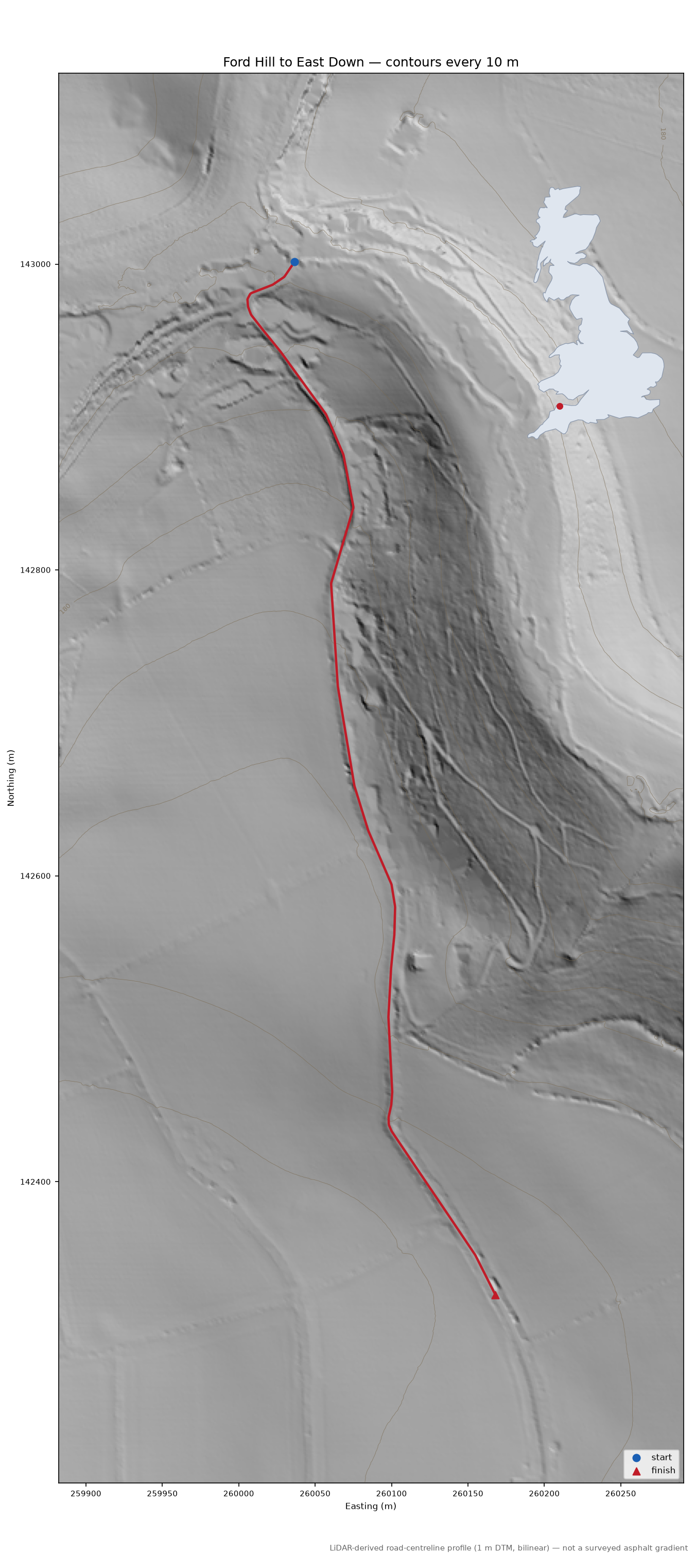 Ford Hill to East Down LiDAR hillshade map with contours