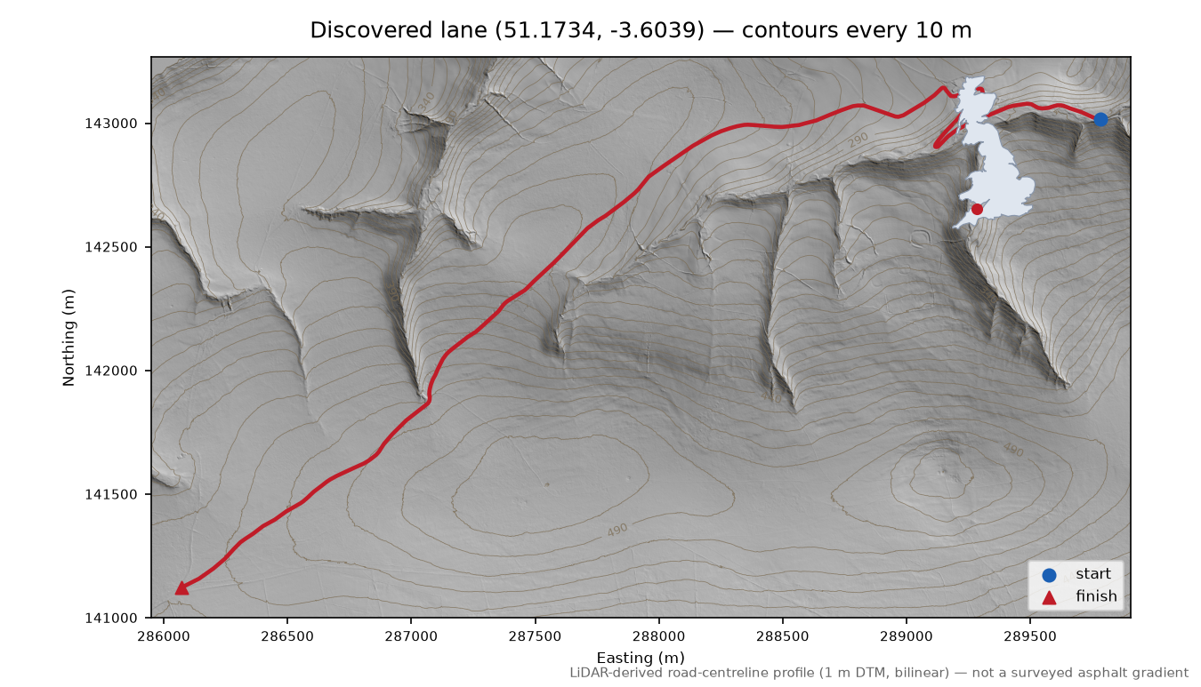 Hollow Combe to Ember Combe LiDAR hillshade map with contours