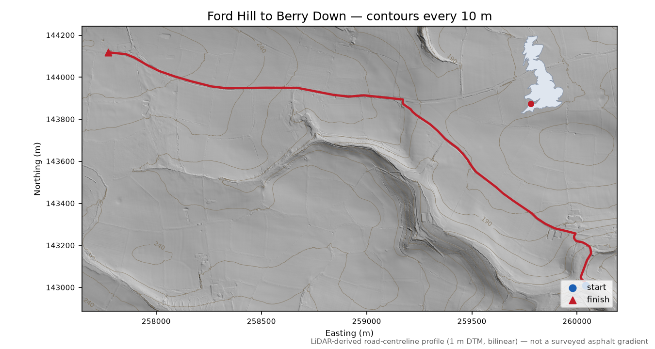 Ford Hill to Berry Down LiDAR hillshade map with contours