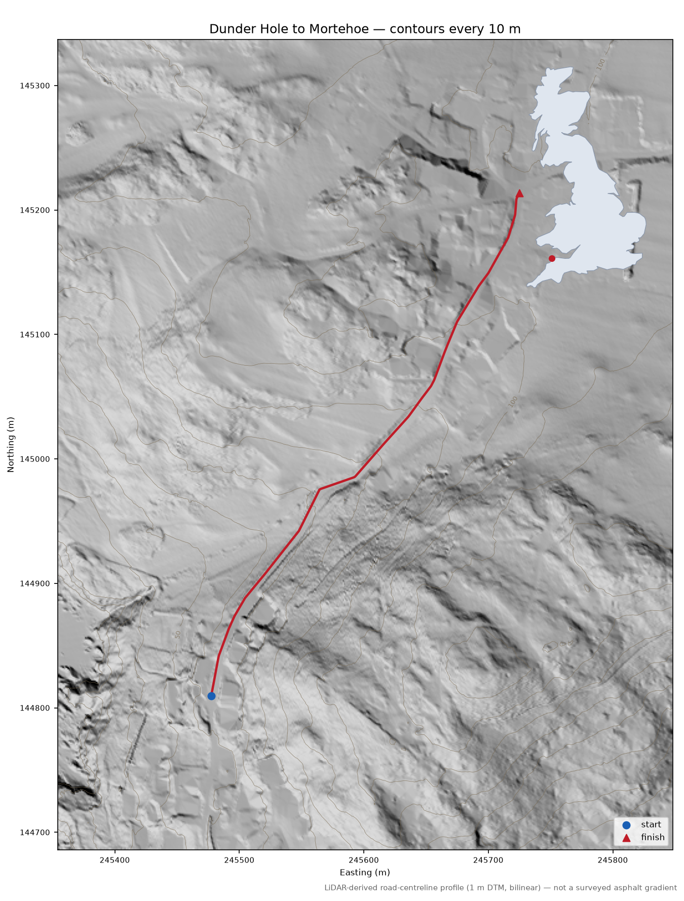 Dunder Hole to Mortehoe LiDAR hillshade map with contours