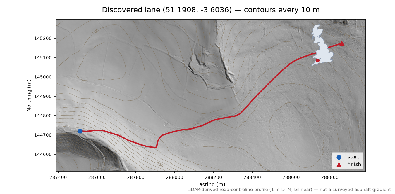 Pool Combe to Ley Hill LiDAR hillshade map with contours
