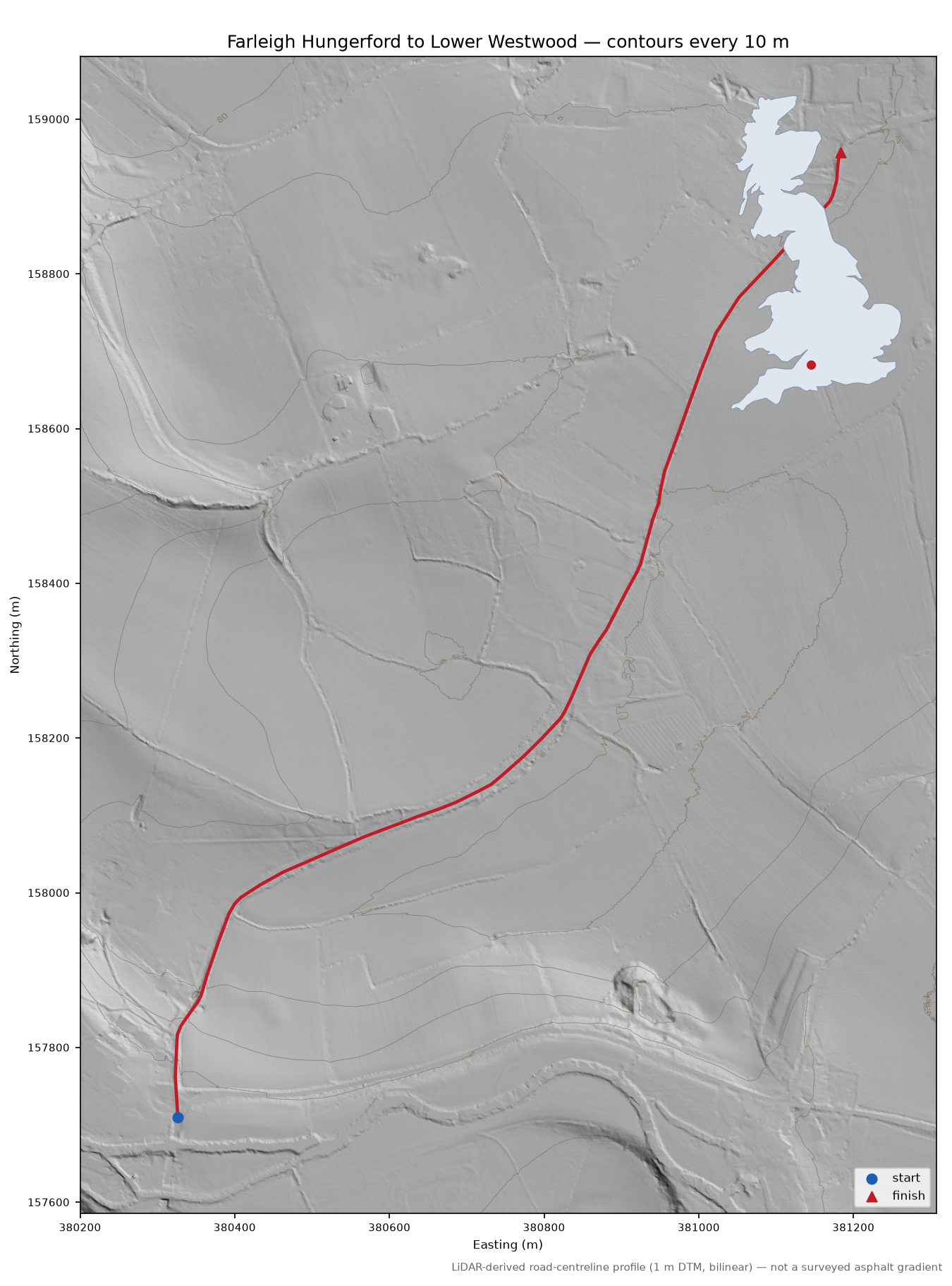 Farleigh Hungerford to Lower Westwood LiDAR hillshade map with contours