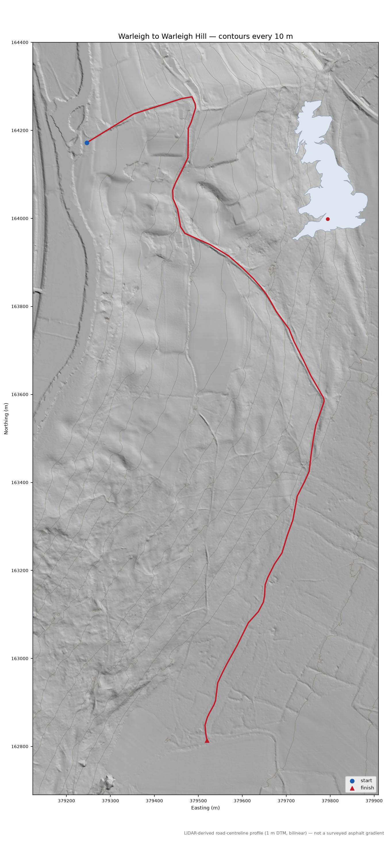 Warleigh to Warleigh Hill LiDAR hillshade map with contours