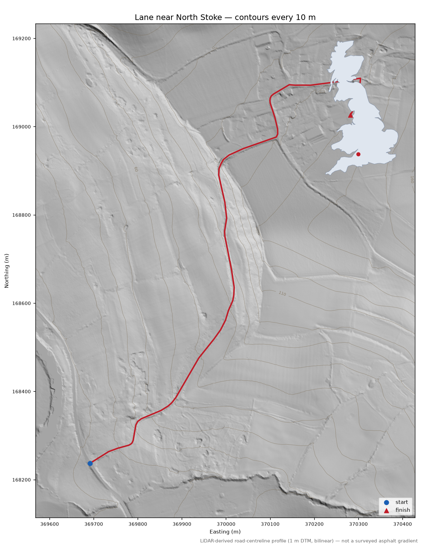 Lane near North Stoke LiDAR hillshade map with contours