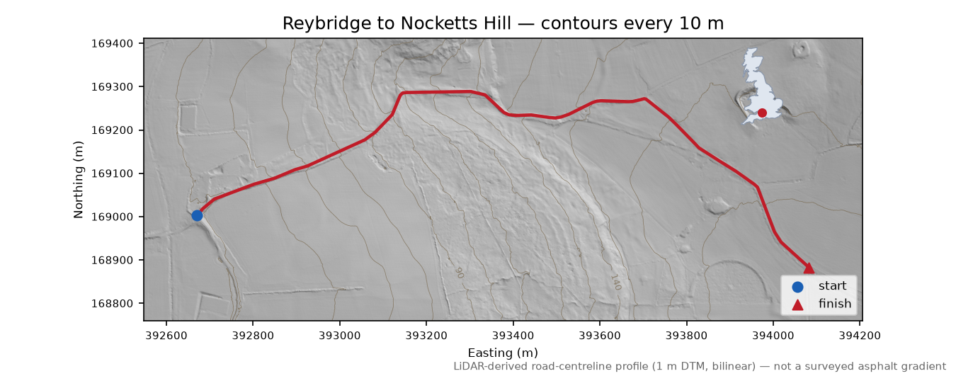 Reybridge to Nocketts Hill LiDAR hillshade map with contours