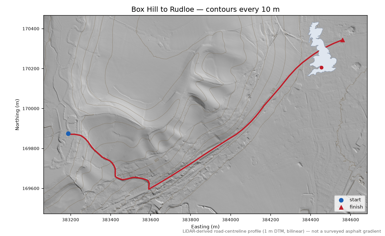 Box Hill to Rudloe LiDAR hillshade map with contours