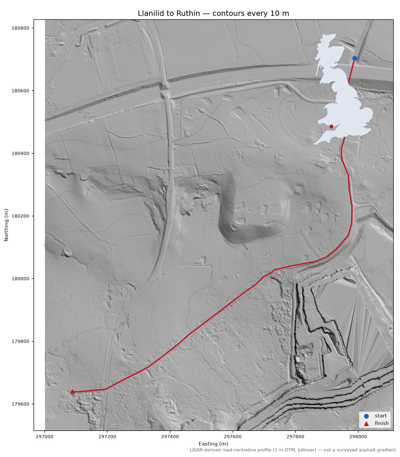 Llanilid to Ruthin LiDAR hillshade map with contours