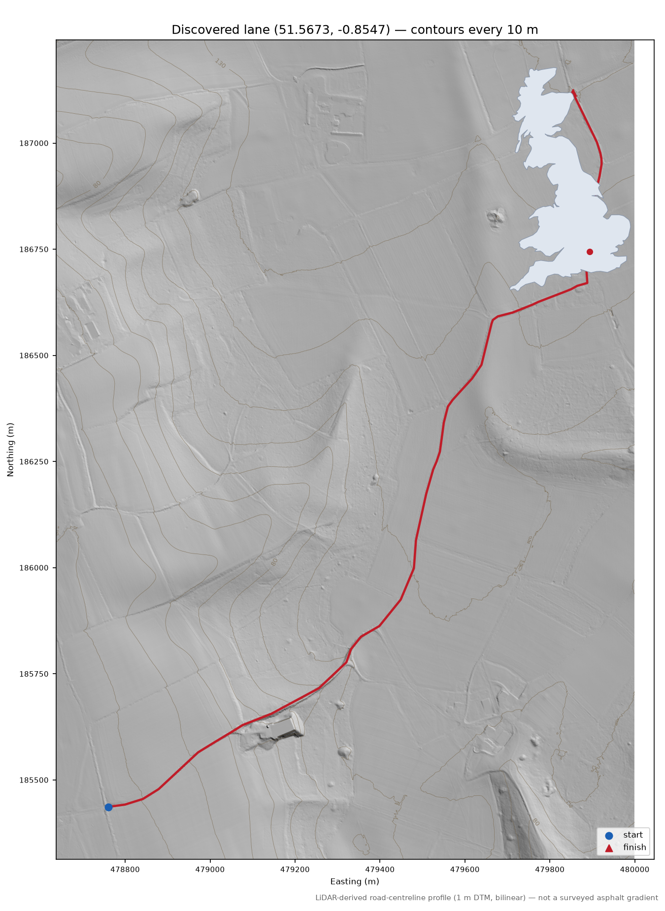 Mill End to Rotten Row LiDAR hillshade map with contours
