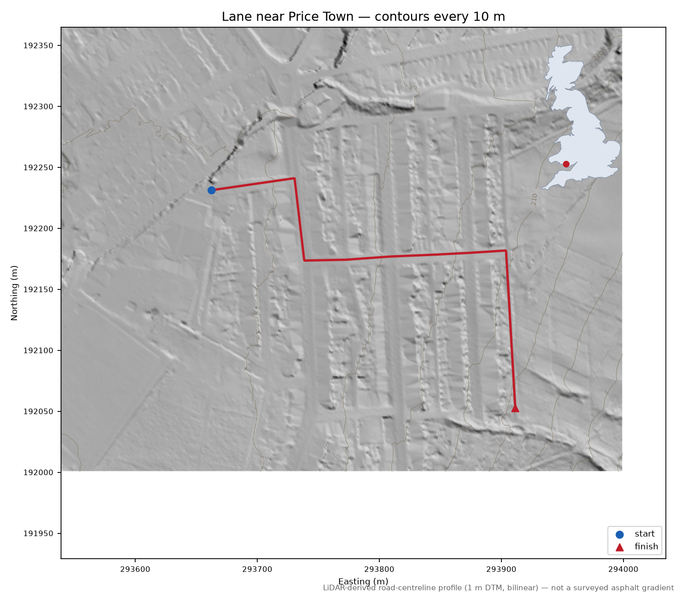 Lane near Price Town LiDAR hillshade map with contours