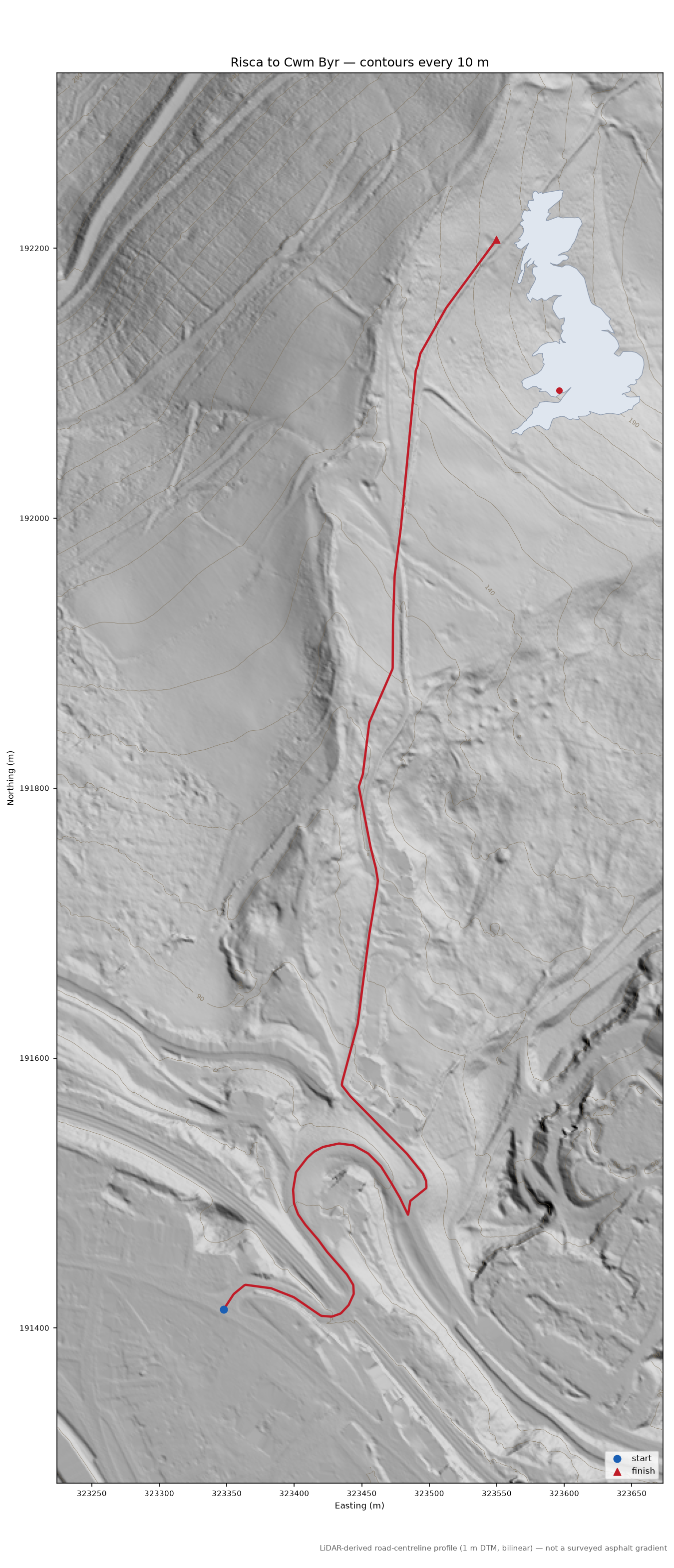 Risca to Cwm Byr LiDAR hillshade map with contours