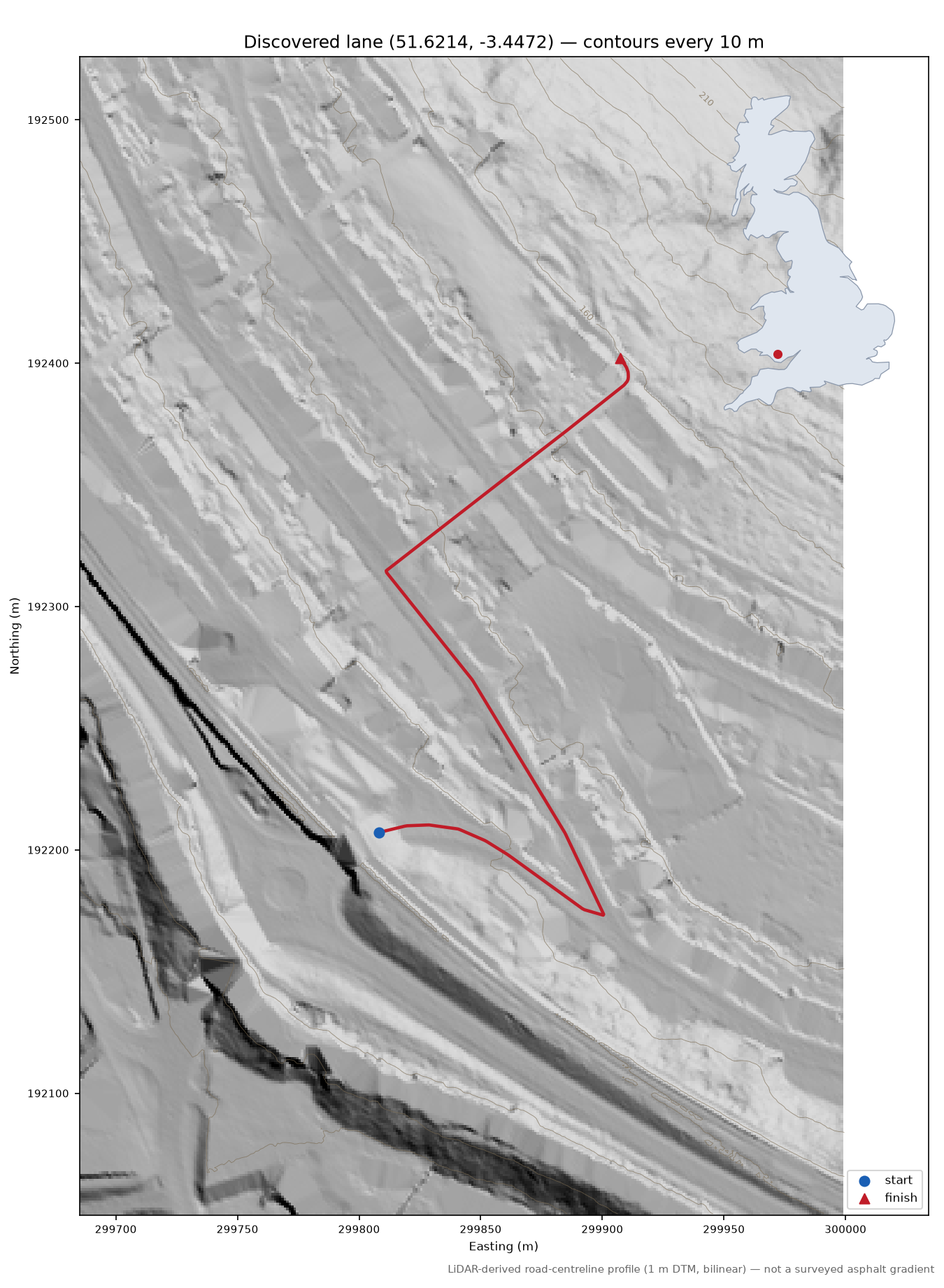 Lane near Trealaw LiDAR hillshade map with contours