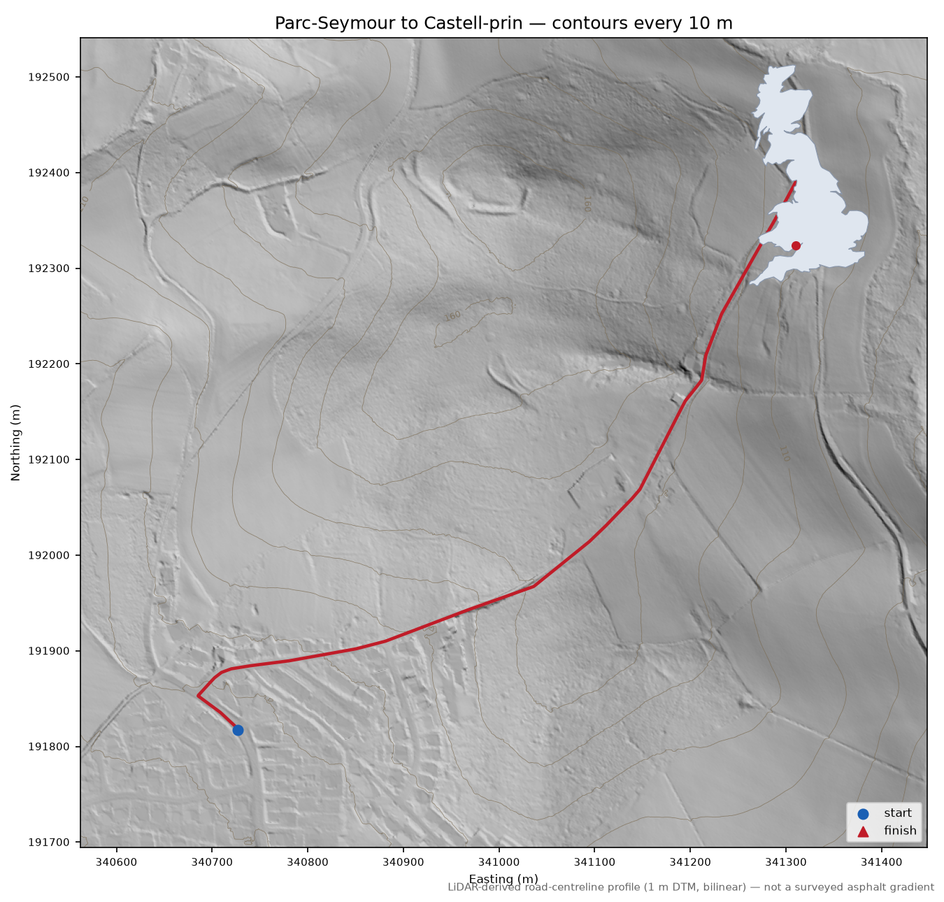 Parc-Seymour to Castell-prin LiDAR hillshade map with contours