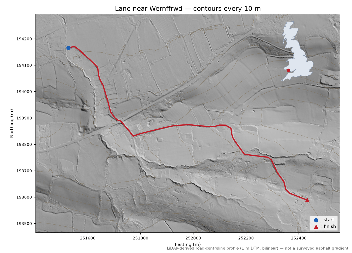 Lane near Wernffrwd LiDAR hillshade map with contours