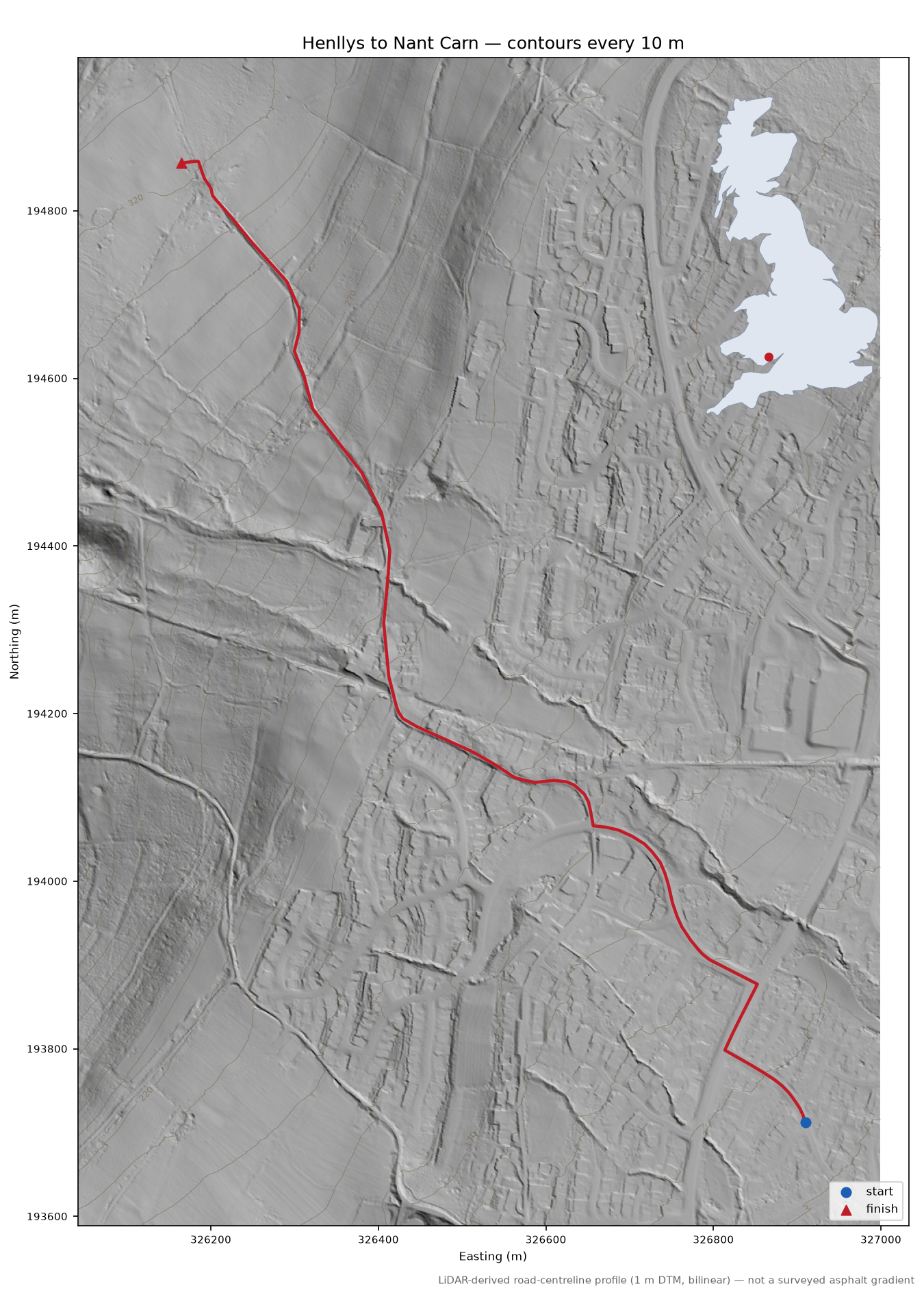 Henllys to Nant Carn LiDAR hillshade map with contours
