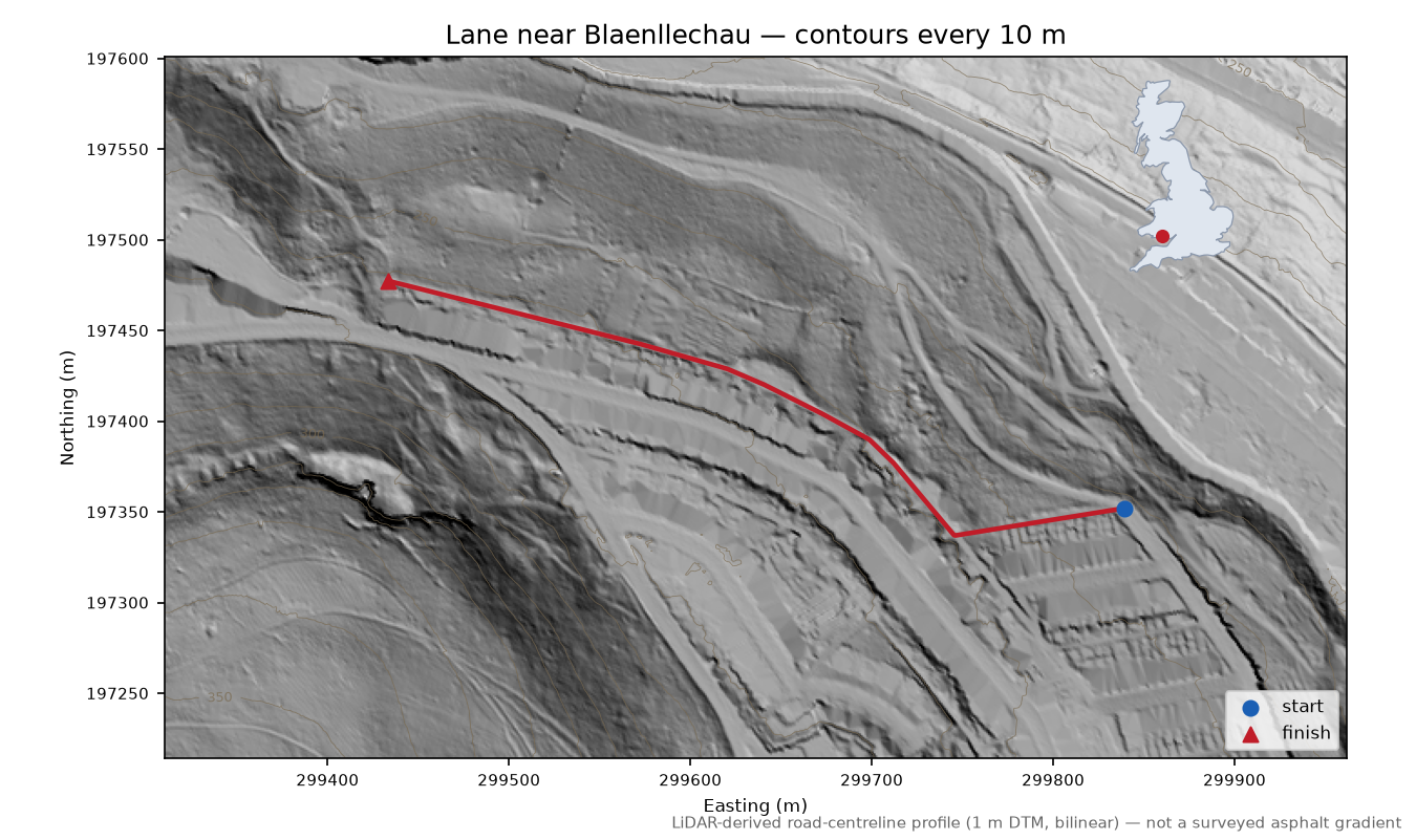 Lane near Blaenllechau LiDAR hillshade map with contours