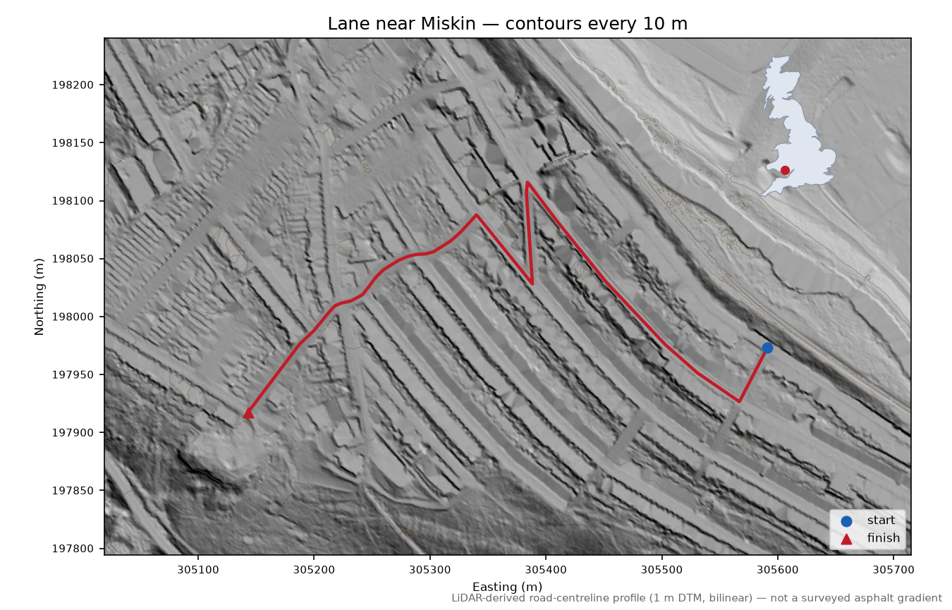 Lane near Miskin LiDAR hillshade map with contours
