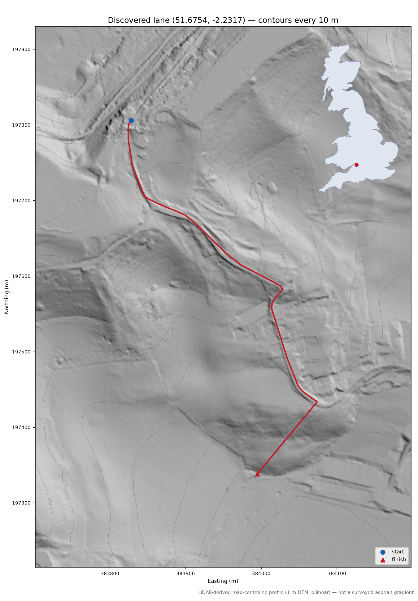 Horsley to Tiltups End LiDAR hillshade map with contours