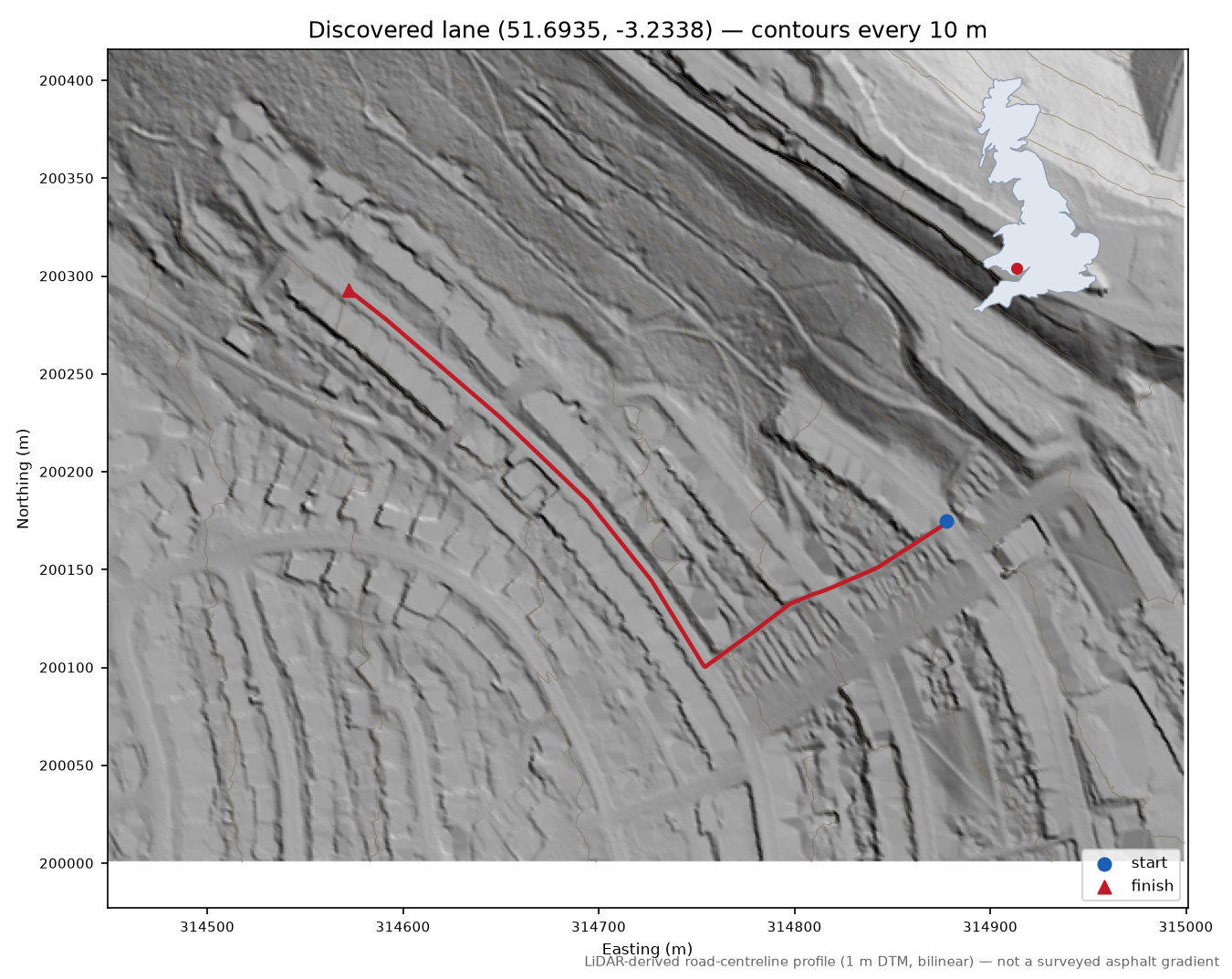 Lane near Bargod LiDAR hillshade map with contours
