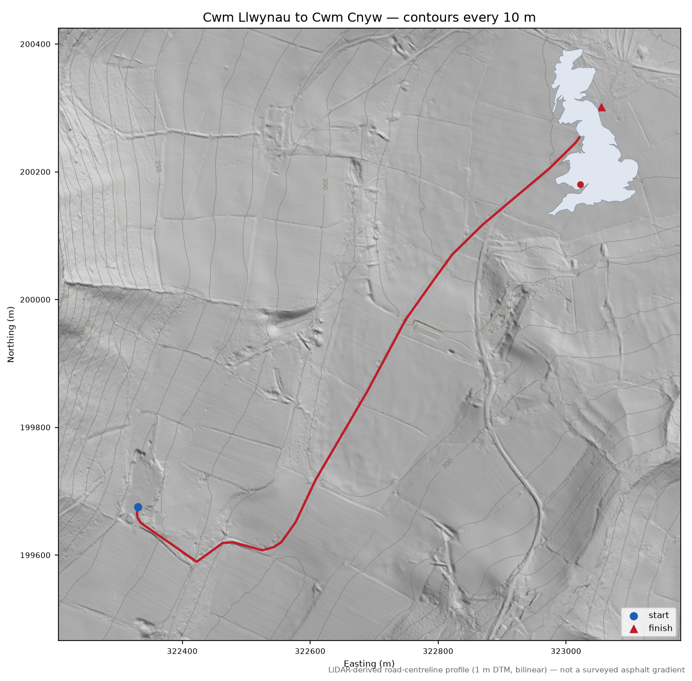 Cwm Llwynau to Cwm Cnyw LiDAR hillshade map with contours