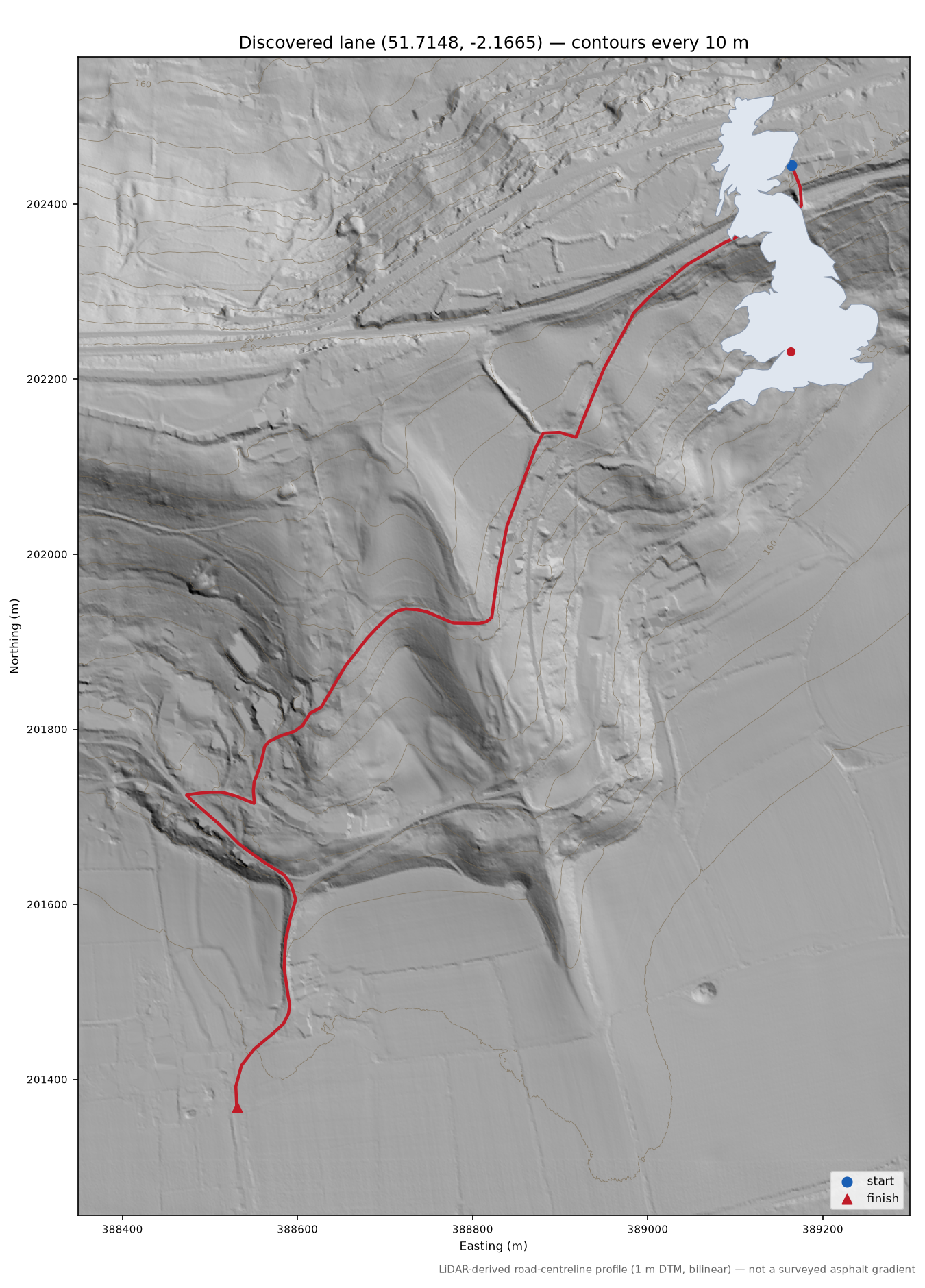 Chalford Bottom to Burnt Ash LiDAR hillshade map with contours