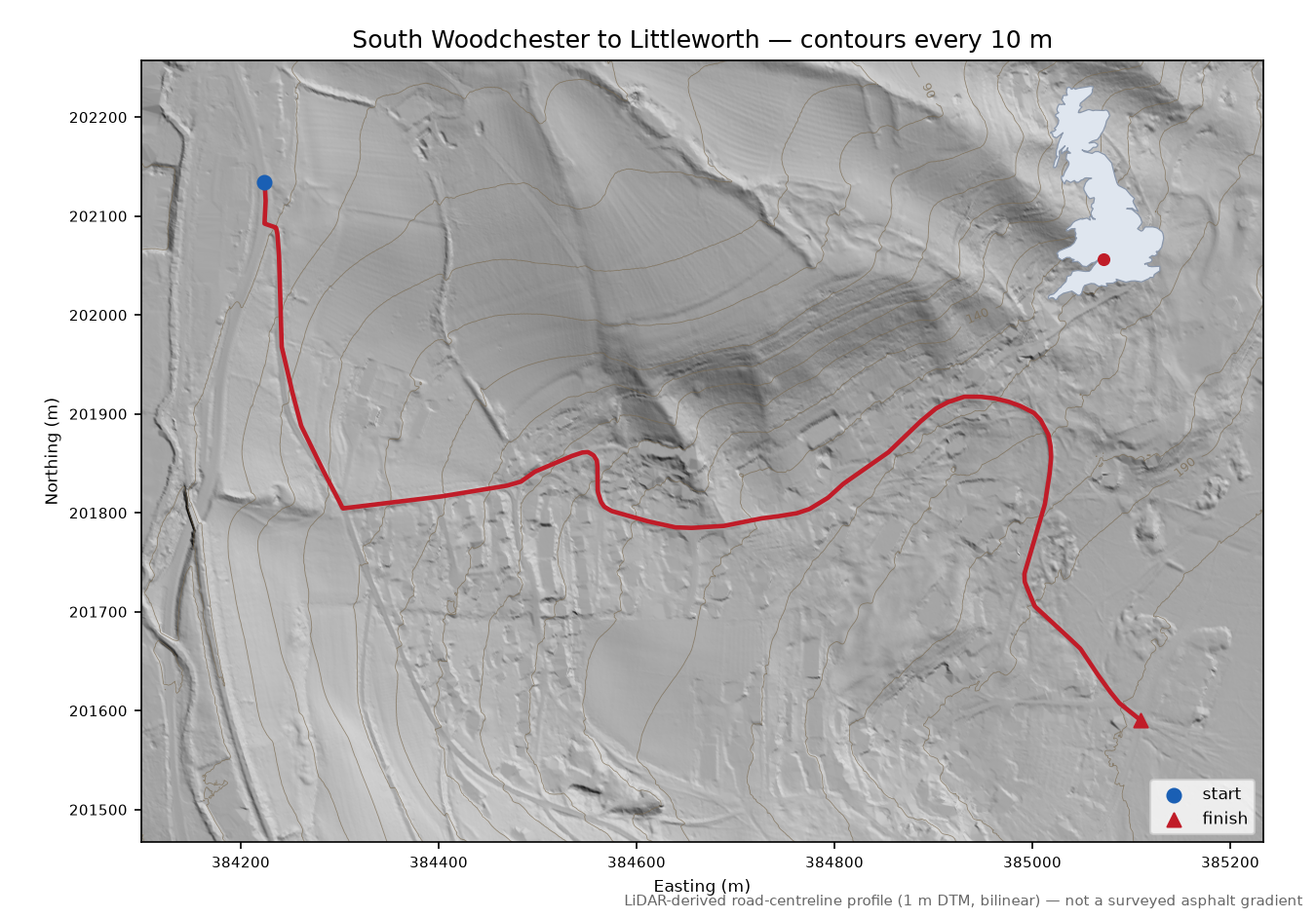South Woodchester to Littleworth LiDAR hillshade map with contours