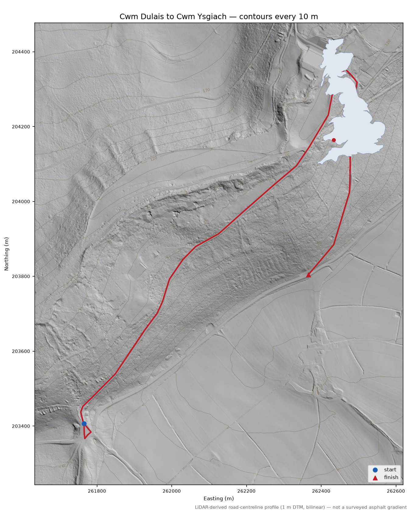 Cwm Dulais to Cwm Ysgiach LiDAR hillshade map with contours