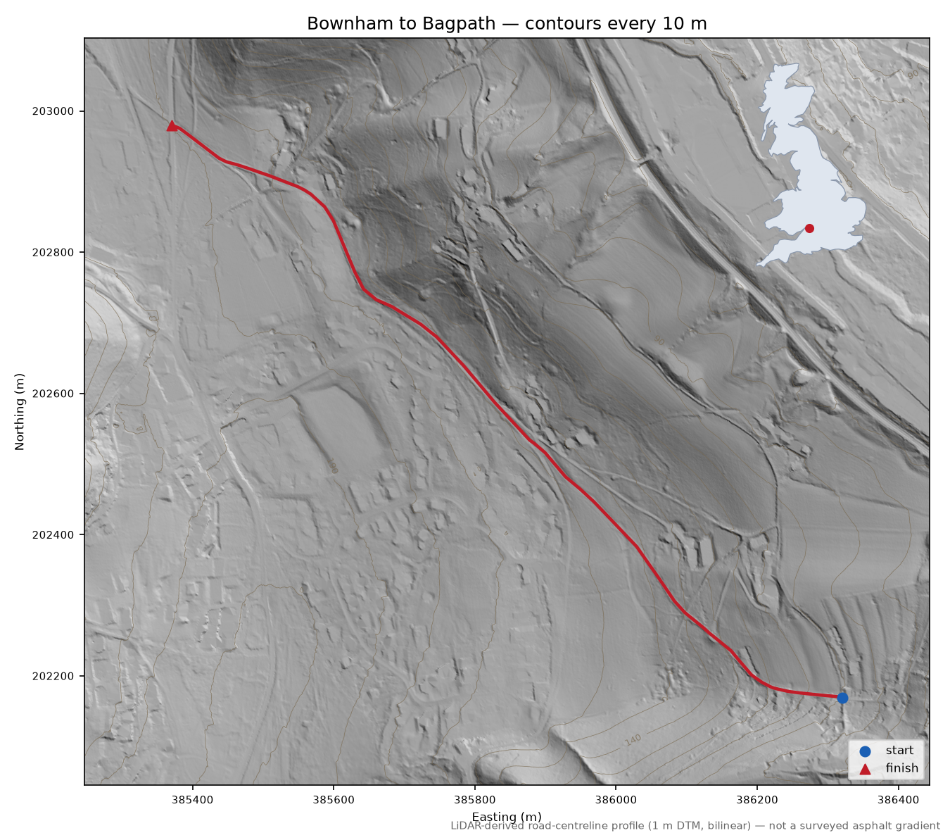 Bownham to Bagpath LiDAR hillshade map with contours
