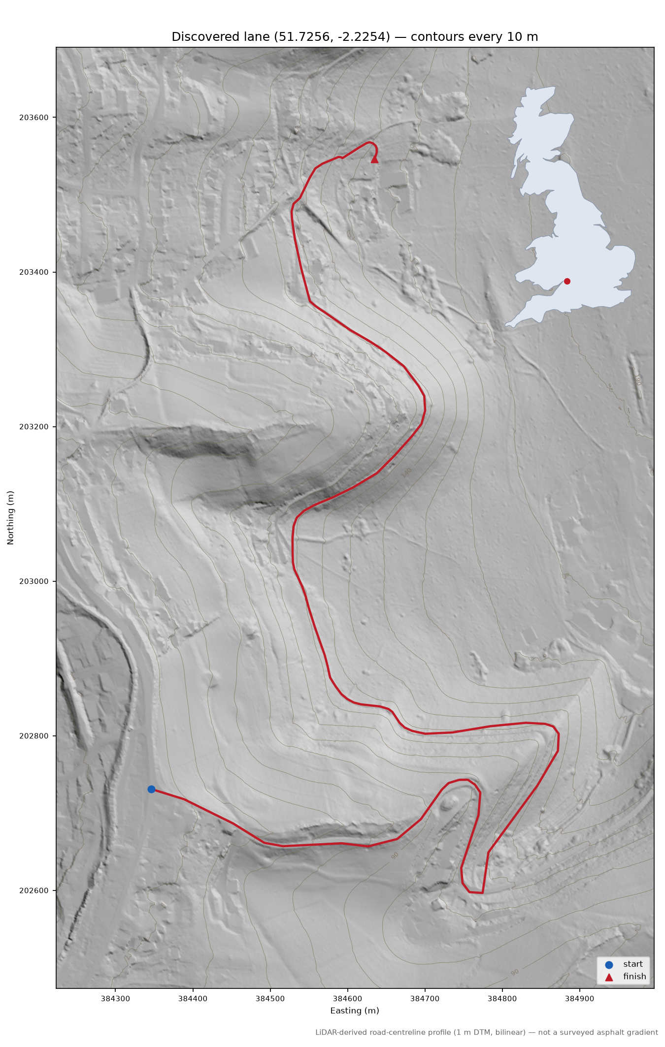 Rooksmoor to Kingscourt LiDAR hillshade map with contours