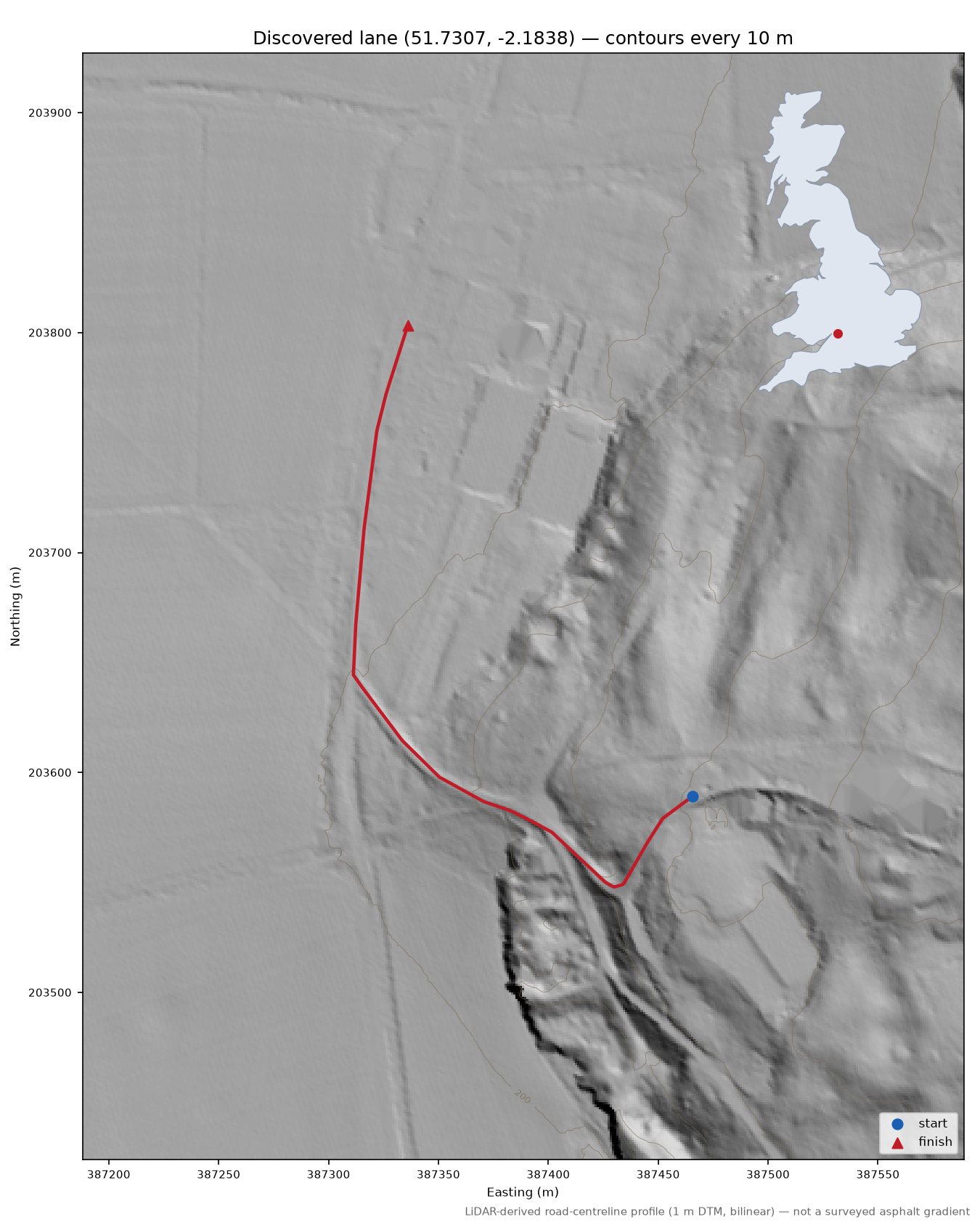 Lane near Toadsmoor Valley LiDAR hillshade map with contours