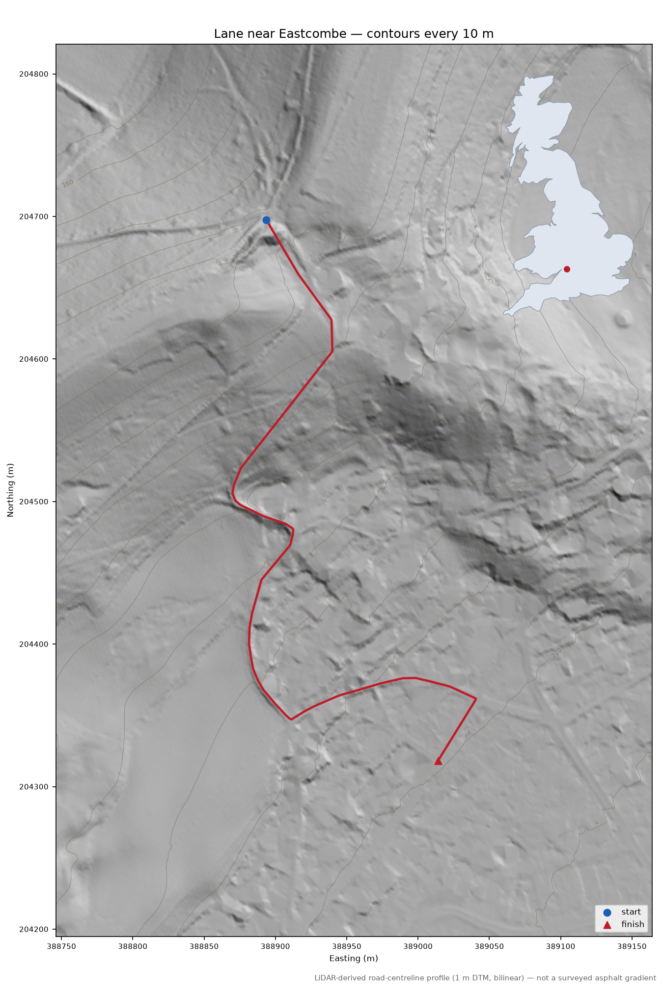 Lane near Eastcombe LiDAR hillshade map with contours