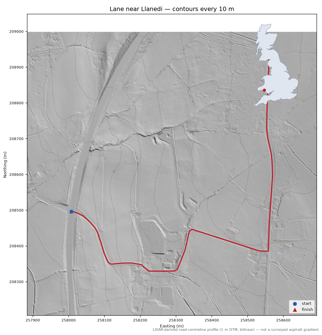 Lane near Llanedi LiDAR hillshade map with contours