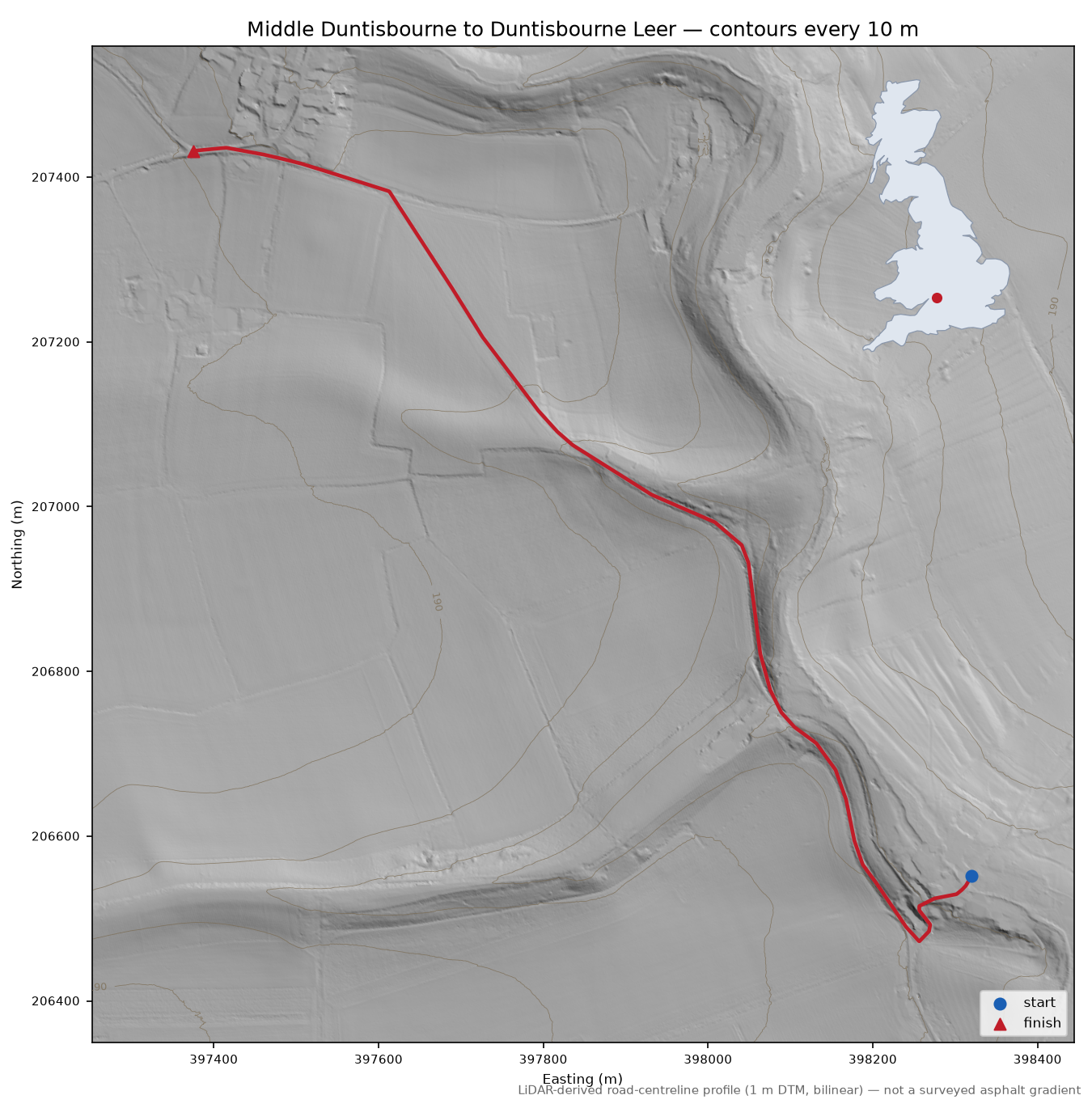 Middle Duntisbourne to Duntisbourne Leer LiDAR hillshade map with contours