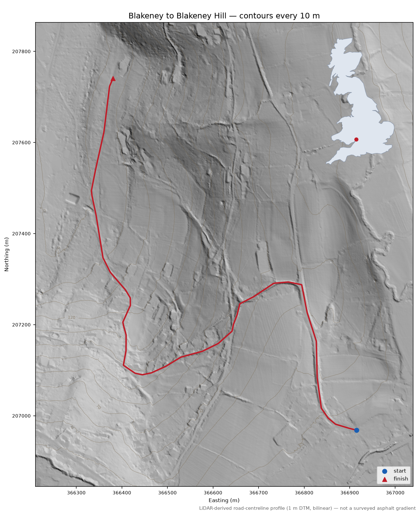Blakeney to Blakeney Hill LiDAR hillshade map with contours