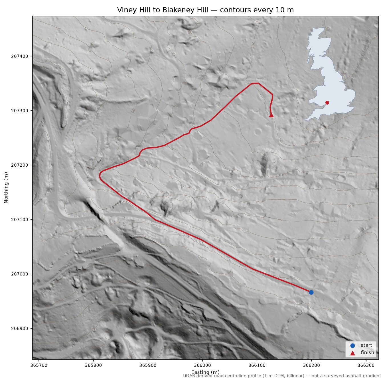 Viney Hill to Blakeney Hill LiDAR hillshade map with contours