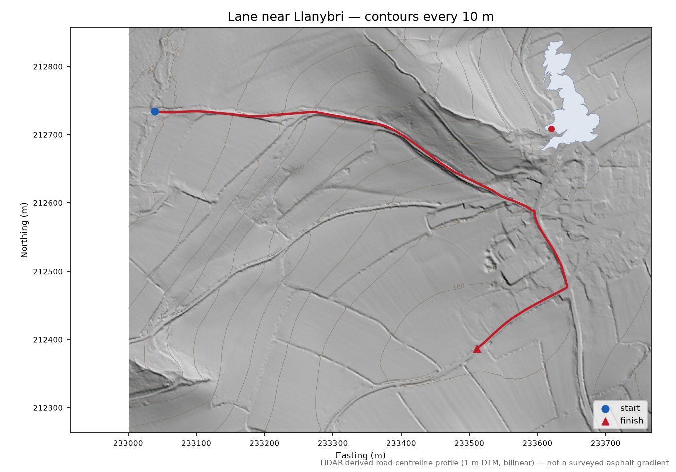 Lane near Llanybri LiDAR hillshade map with contours