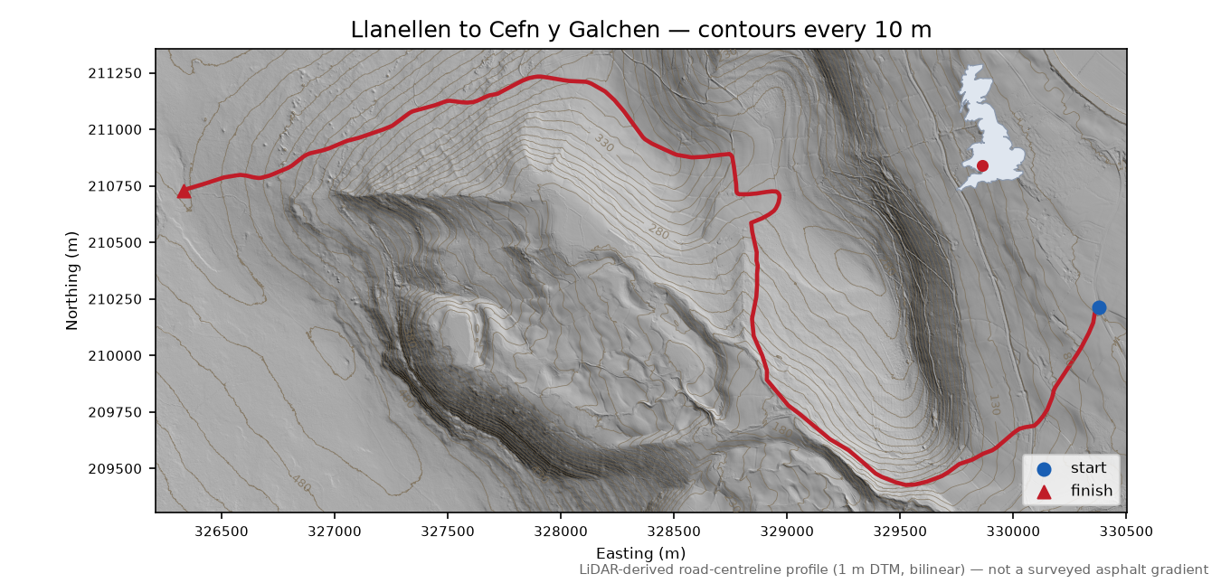 Llanellen to Cefn y Galchen LiDAR hillshade map with contours