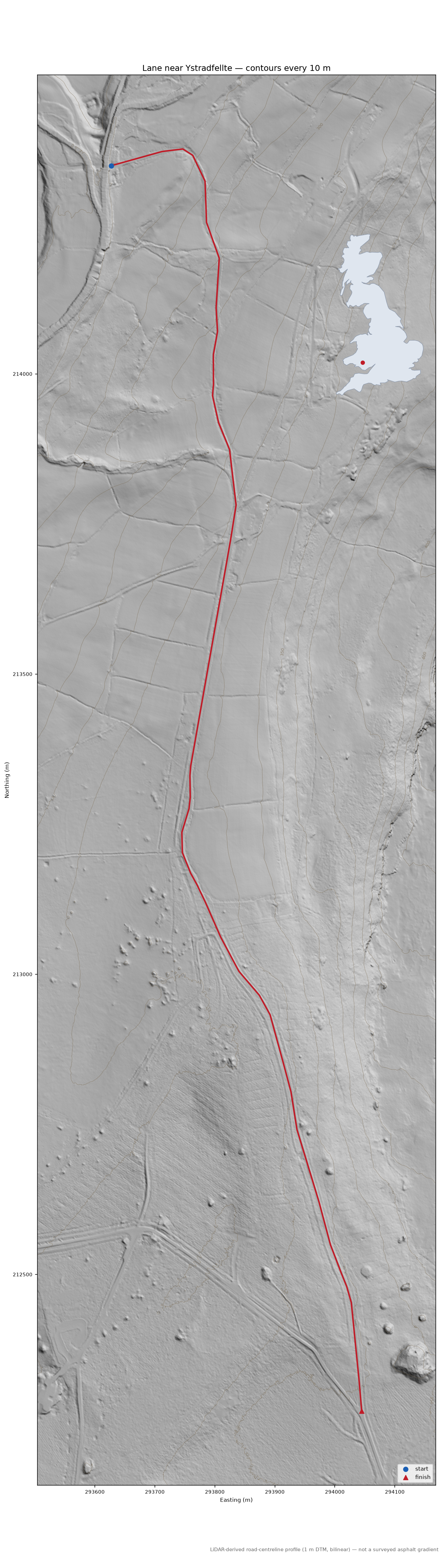 Lane near Ystradfellte LiDAR hillshade map with contours