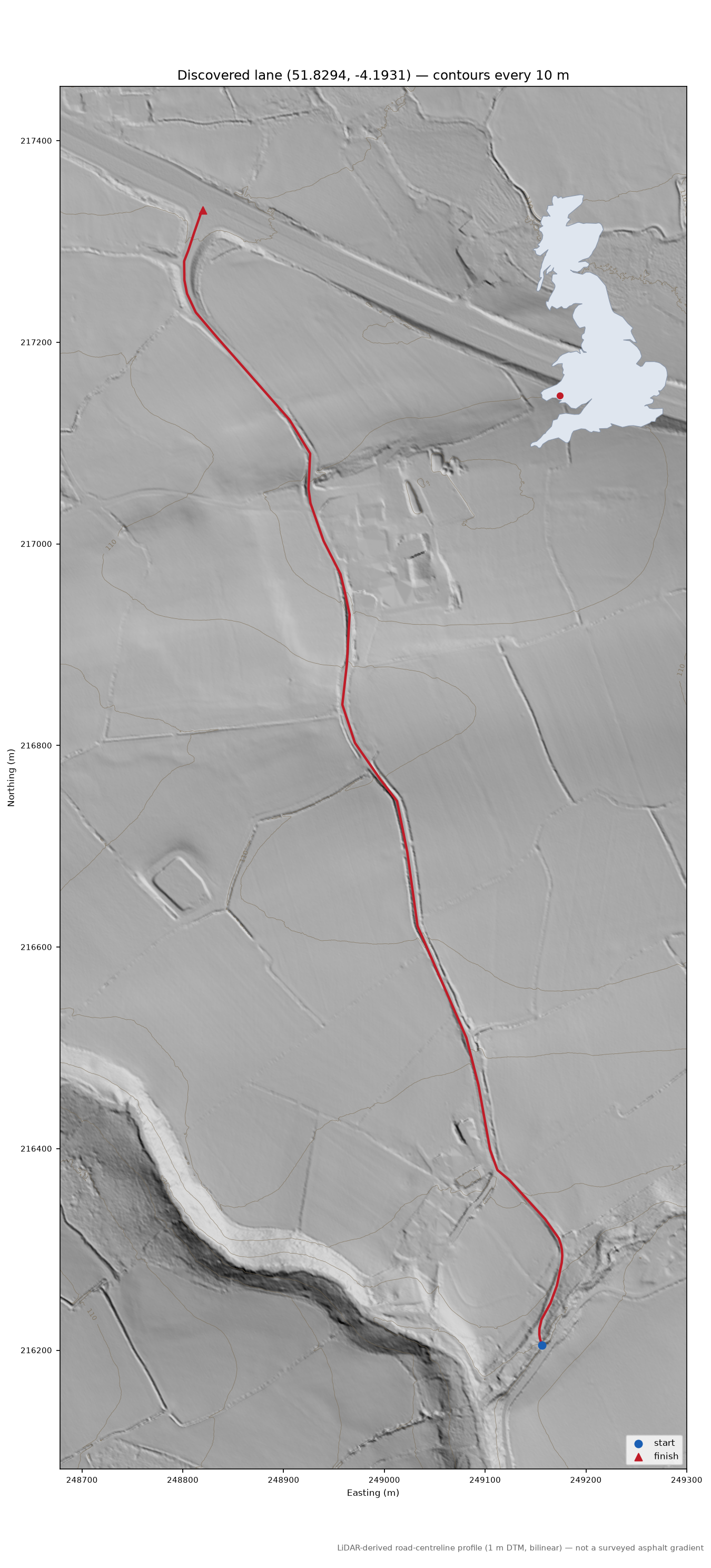 Lane near Cwmisfael LiDAR hillshade map with contours