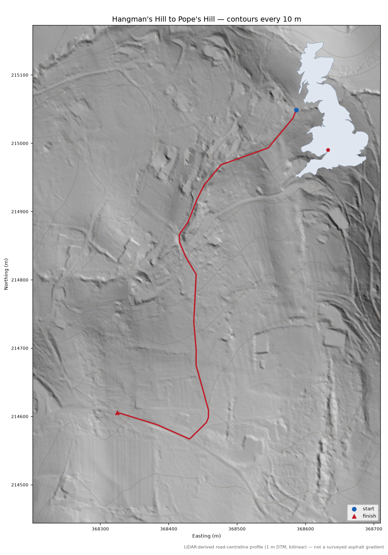 Hangman's Hill to Pope's Hill LiDAR hillshade map with contours