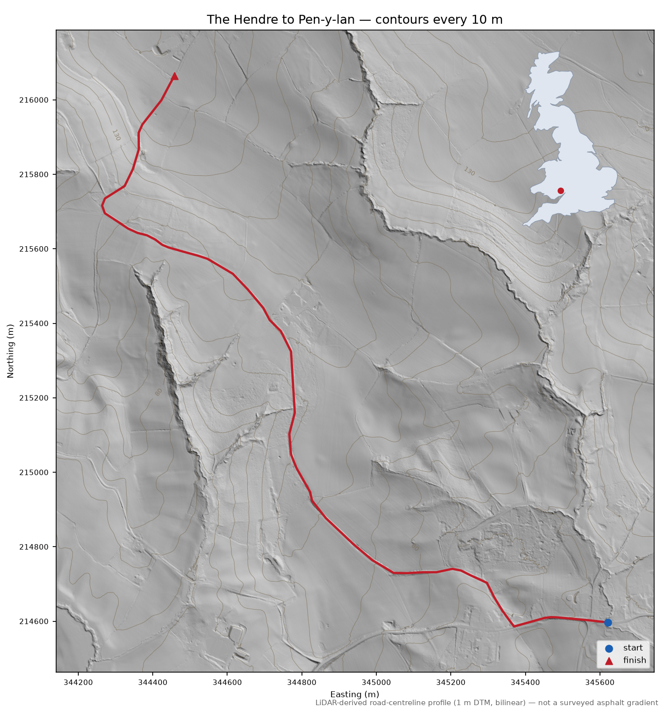 The Hendre to Pen-y-lan LiDAR hillshade map with contours