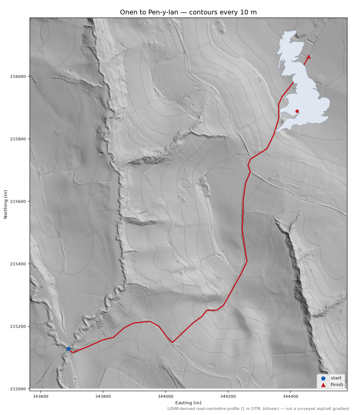 Onen to Pen-y-lan LiDAR hillshade map with contours