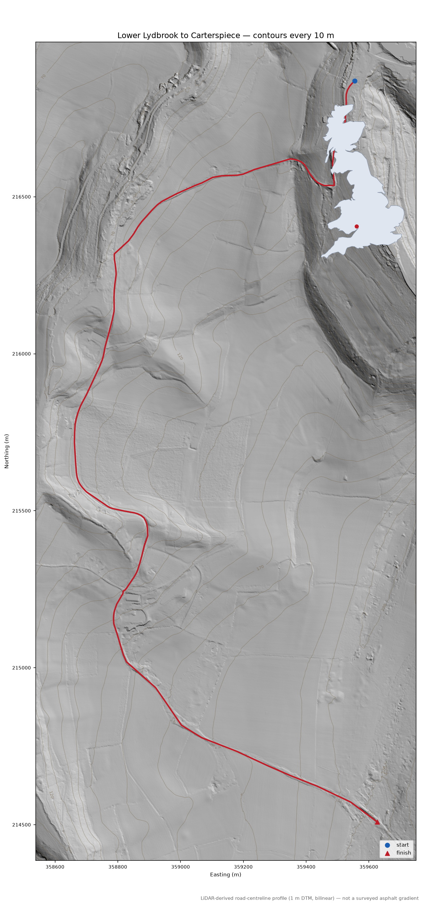 Lower Lydbrook to Carterspiece LiDAR hillshade map with contours